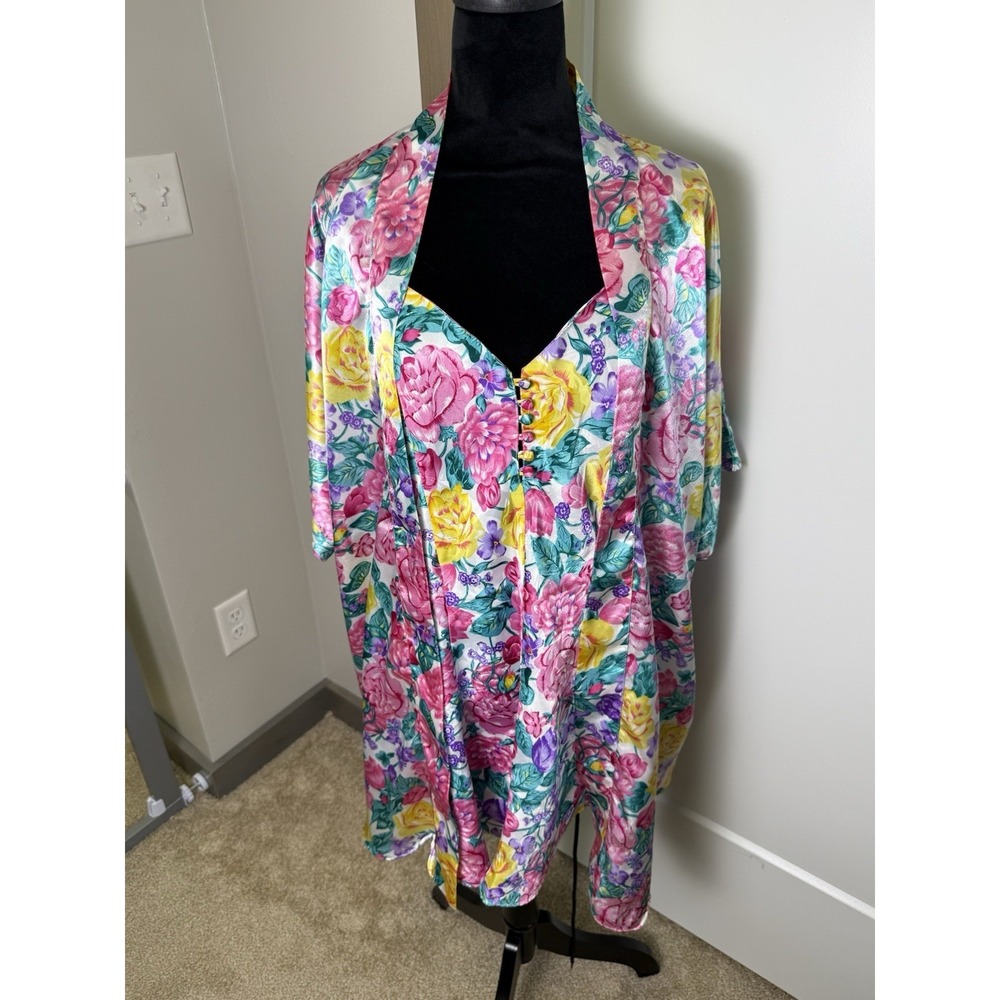 Vintage Sleep Solutions Glossy‎ Satin Mini Dress Nightgown & Robe Set Floral M